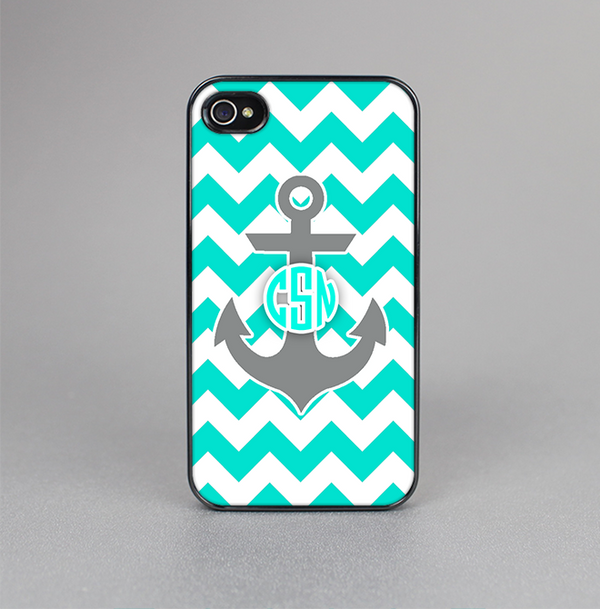 The Teal Green and Gray Monogram Anchor on Teal Chevron Skin-Sert for the Apple iPhone 4-4s Skin-Sert Case