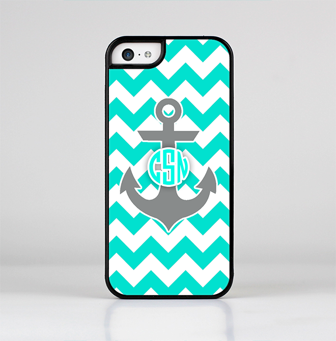 The Teal Green and Gray Monogram Anchor on Teal Chevron Skin-Sert for the Apple iPhone 5c Skin-Sert Case