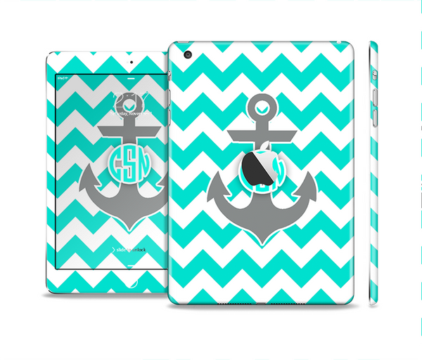 The Teal Green and Gray Monogram Anchor on Teal Chevron Skin Set for the Apple iPad Mini 4