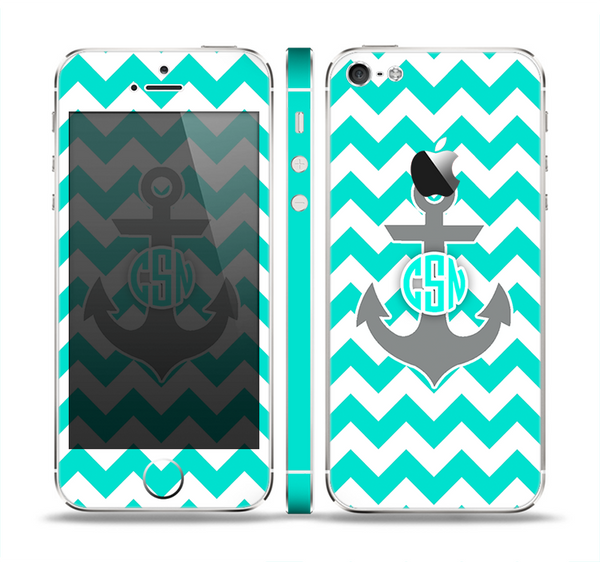 The Teal Green and Gray Monogram Anchor on Teal Chevron Skin Set for the Apple iPhone 5