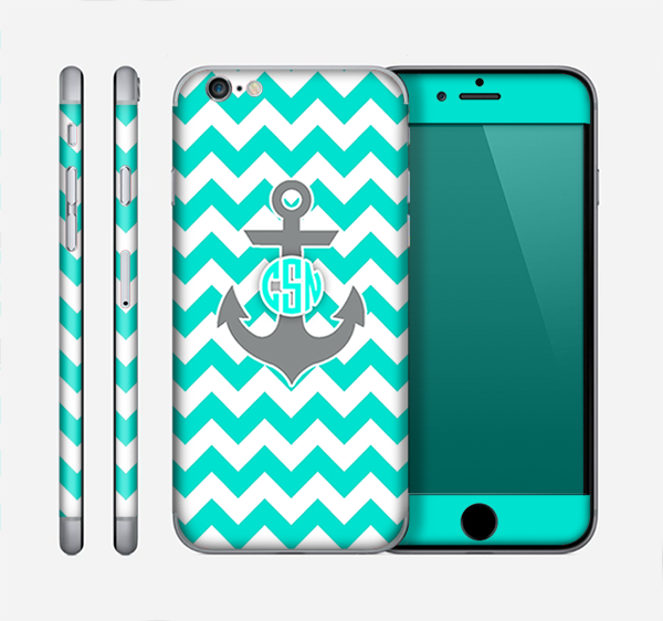 The Teal Green and Gray Monogram Anchor on Teal Chevron Skin for the Apple iPhone 6 Plus