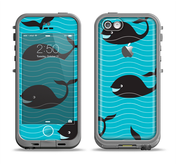 The Teal Smiling Black Whale Pattern Apple iPhone 5c LifeProof Fre Case Skin Set