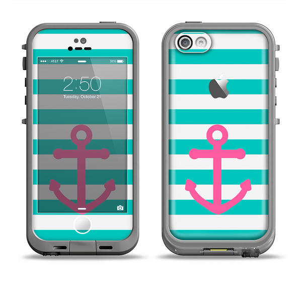 The Teal Striped Pink Anchor Apple iPhone 5c LifeProof Fre Case Skin Set