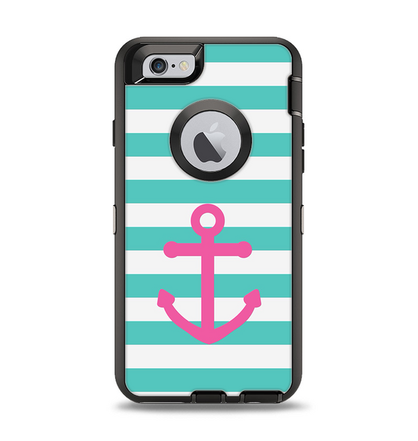 The Teal Striped Pink Anchor Apple iPhone 6 Otterbox Defender Case Skin Set