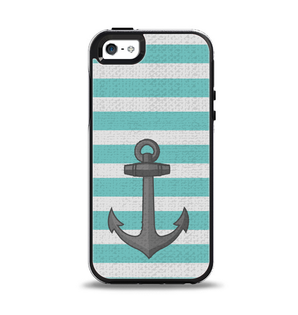 The Teal Stripes with Gray Nautical Anchor Apple iPhone 5-5s Otterbox Symmetry Case Skin Set