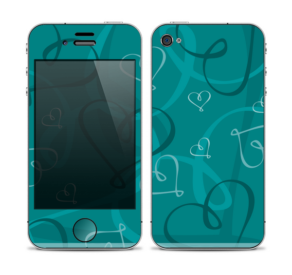 The Teal Swirly Vector Love Hearts Skin for the Apple iPhone 4-4s