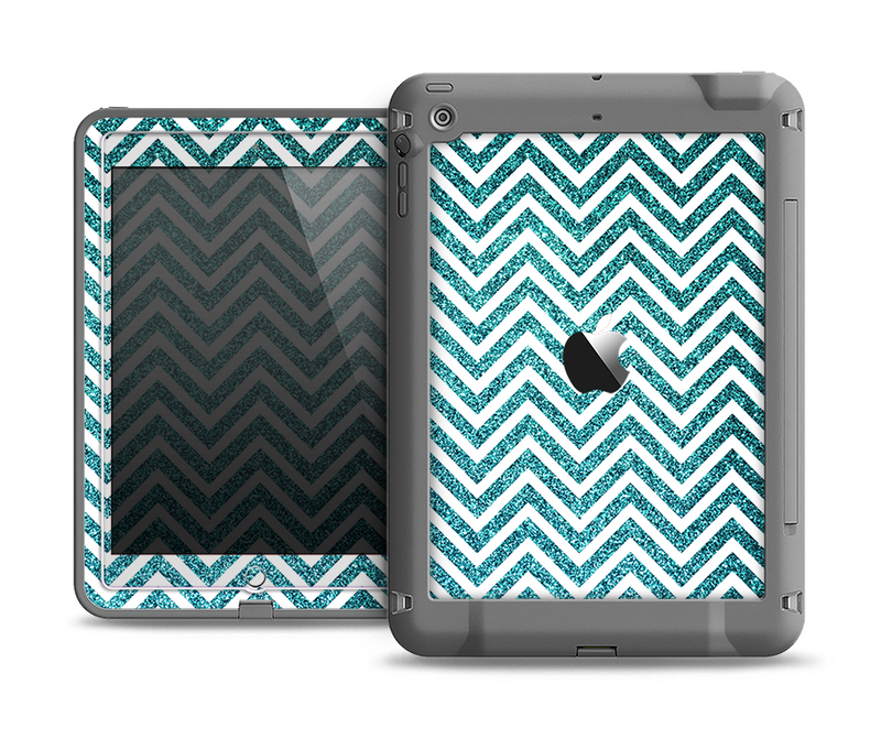 The Teal & White  Sharp Glitter Print Chevron Apple iPad Air LifeProof Fre Case Skin Set