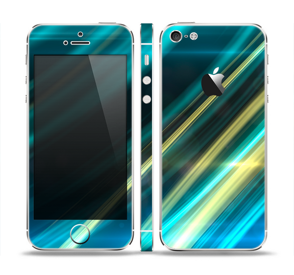 The Teal & Yellow Abstract Glowing Lines Skin Set for the Apple iPhone 5