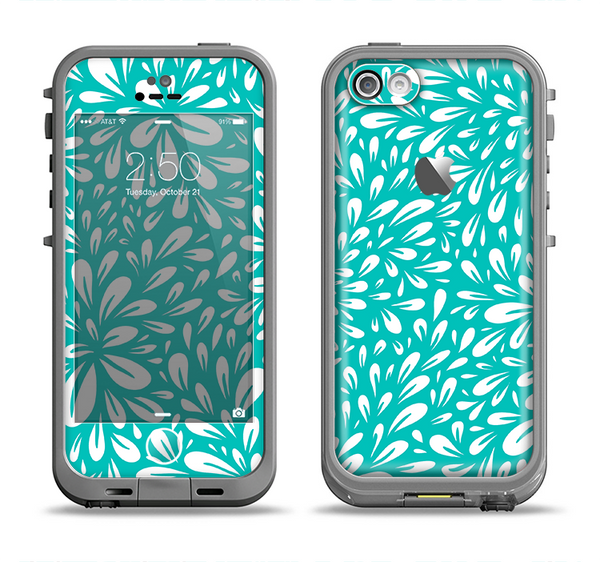 The Teal and White Floral Sprout Apple iPhone 5c LifeProof Fre Case Skin Set