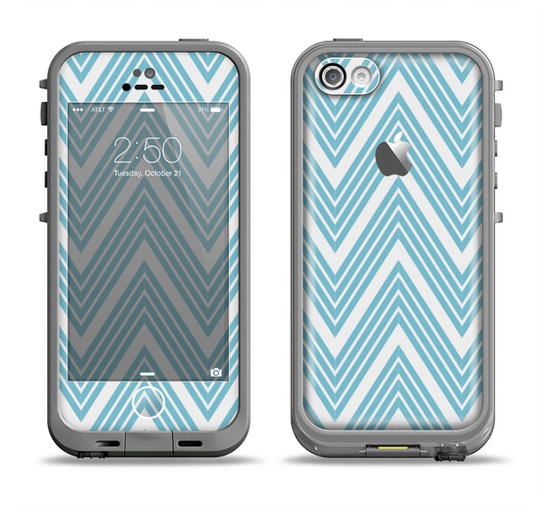 The Three-Lined Blue & White Chevron Pattern Apple iPhone 5c LifeProof Fre Case Skin Set