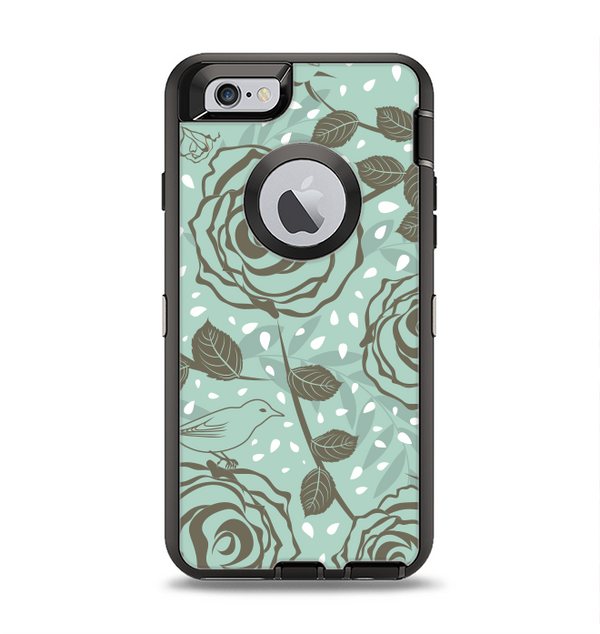 The Toned Green Vector Roses and Birds Apple iPhone 6 Otterbox Defender Case Skin Set