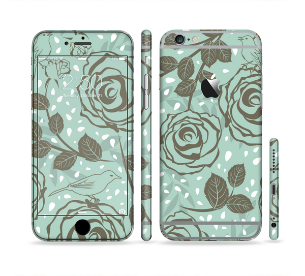 The Toned Green Vector Roses and Birds Sectioned Skin Series for the Apple iPhone 6