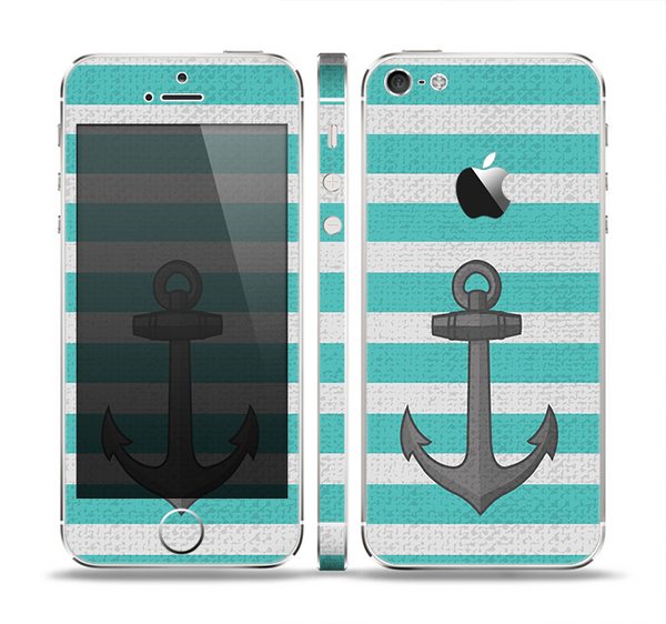 The Trendy Grunge Green Striped With Anchor Skin Set for the Apple iPhone 5