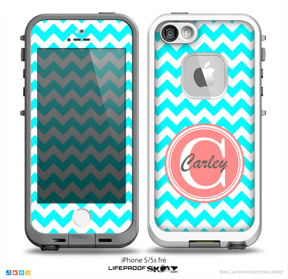 The Turquoise & White Chevron Monogram Name Script Skin Coral v1 Skin for the iPhone 5-5s Fre LifeProof Case