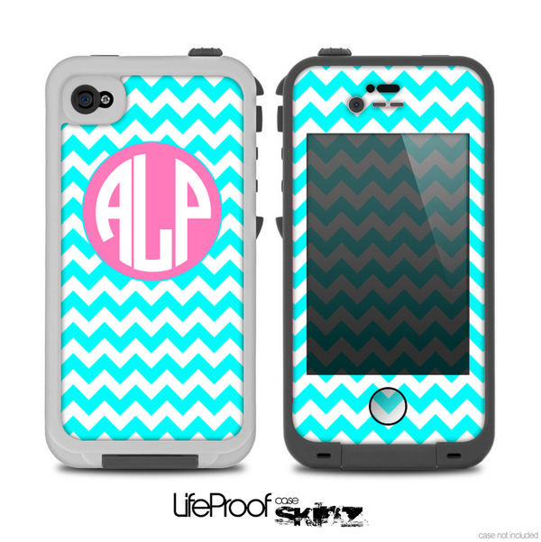 The Turquoise & White Chevron with Pink Circle Monogram Skin for the iPhone 4-4s LifeProof Case