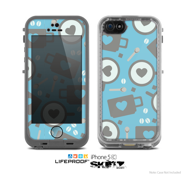The Vector Blue & Gray Coffee Hearts Pattern Skin for the Apple iPhone 5c LifeProof Case