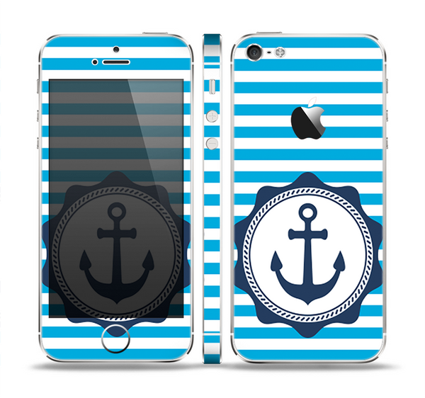 The Vector Navy Anchor with Blue Stripes Skin Set for the Apple iPhone 5