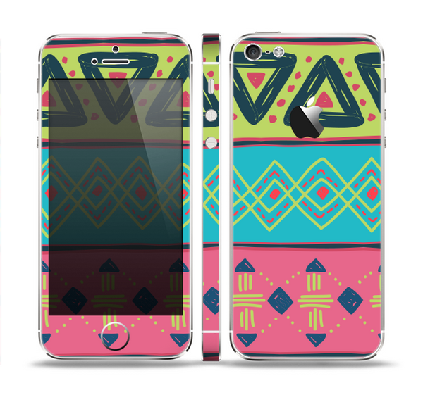The Vector Sketched Yellow-Teal-Pink Aztec Pattern Skin Set for the Apple iPhone 5