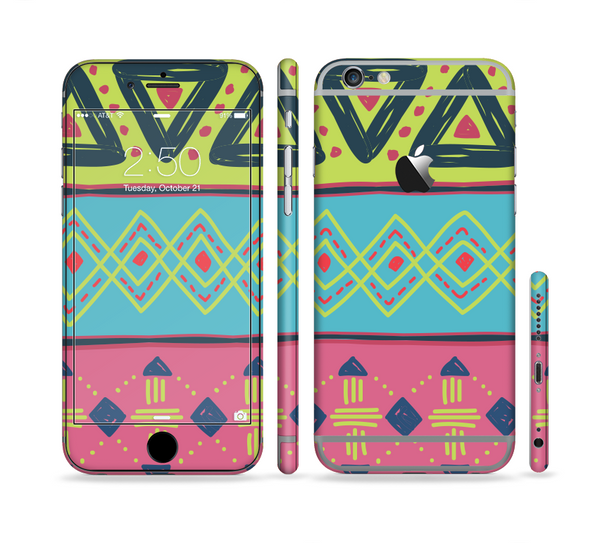 The Vector Sketched Yellow-Teal-Pink Aztec Pattern Sectioned Skin Series for the Apple iPhone 6