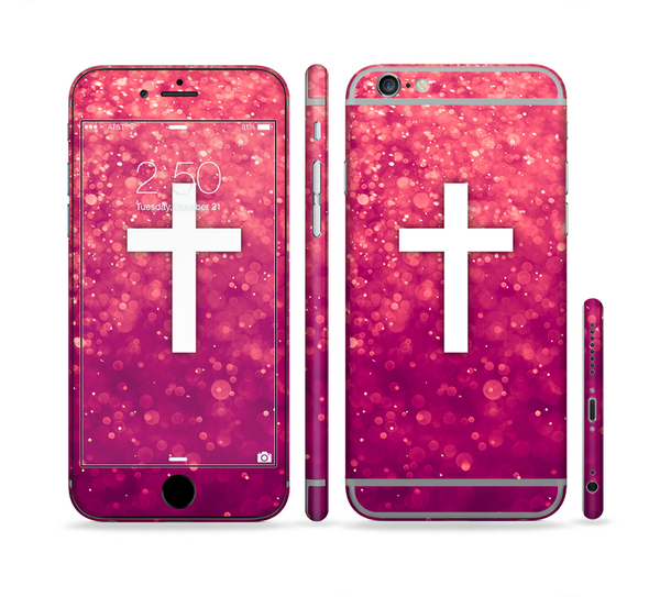 The Vector White Cross over Unfocused Pink Glimmer Sectioned Skin Series for the Apple iPhone 6 Plus