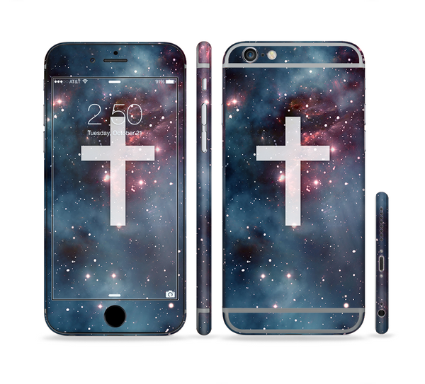 The Vector White Cross v2 over Bright Pink Nebula Space Sectioned Skin Series for the Apple iPhone 6s Plus
