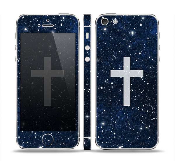 The Vector White Cross v2 over Bright Starry Sky Skin Set for the Apple iPhone 5