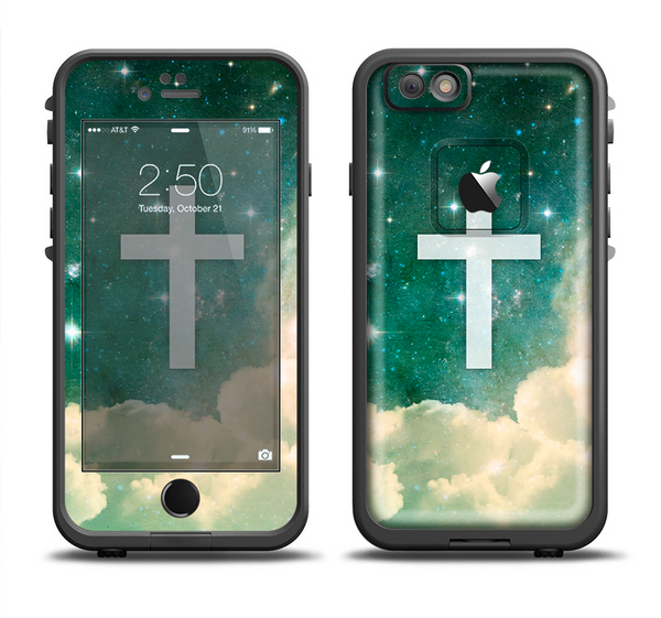 The Vector White Cross v2 over Cloudy Abstract Green Nebula Apple iPhone 6 LifeProof Fre Case Skin Set