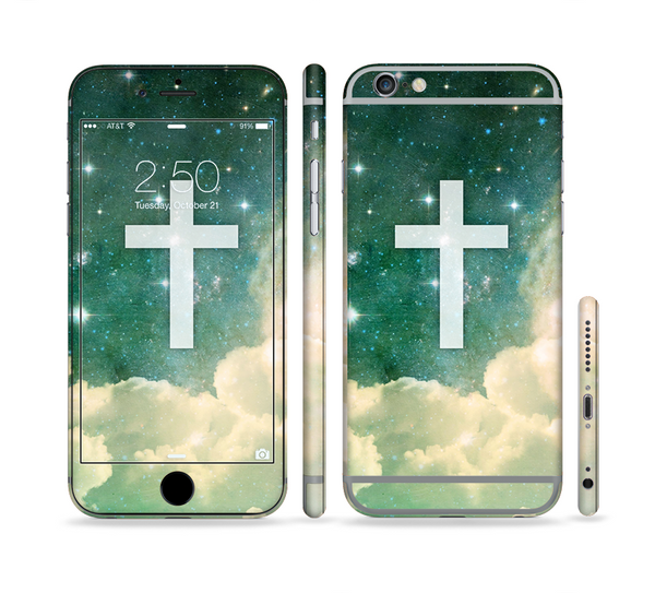 The Vector White Cross v2 over Cloudy Abstract Green Nebula Sectioned Skin Series for the Apple iPhone 6s Plus