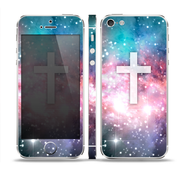The Vector White Cross v2 over Colorful Neon Space Nebula Skin Set for the Apple iPhone 5