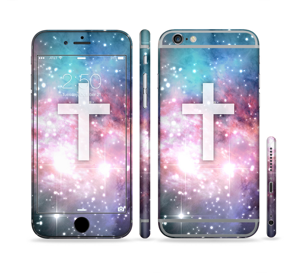 The Vector White Cross v2 over Colorful Neon Space Nebula Sectioned Skin Series for the Apple iPhone 6s