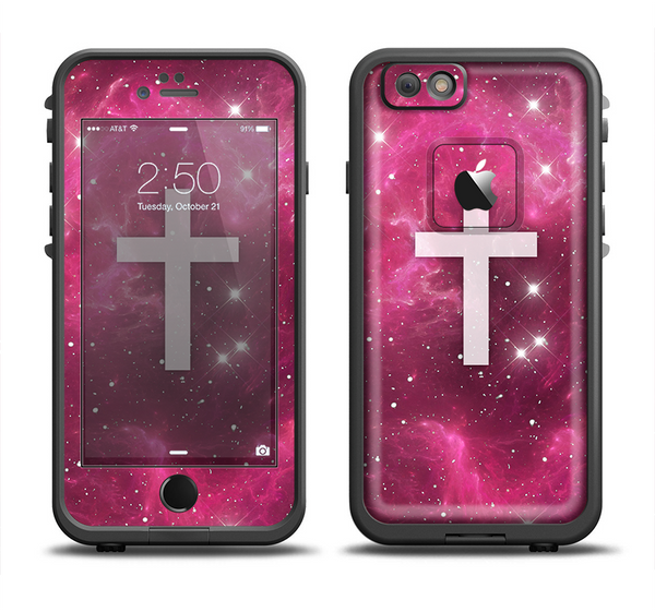 The Vector White Cross v2 over Glowing Pink Nebula Apple iPhone 6 LifeProof Fre Case Skin Set