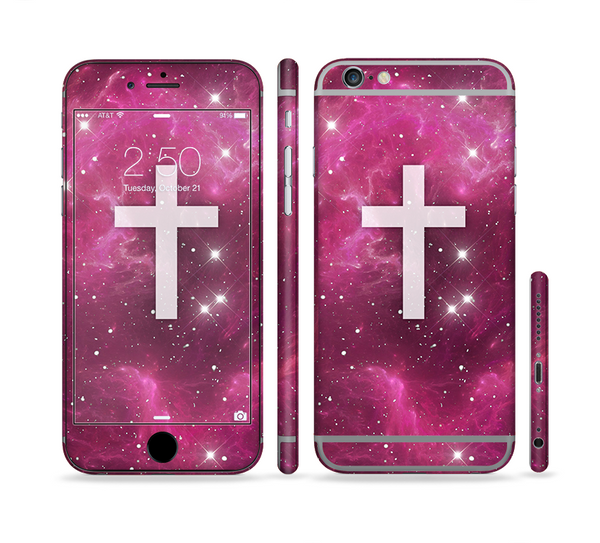 The Vector White Cross v2 over Glowing Pink Nebula Sectioned Skin Series for the Apple iPhone 6s Plus