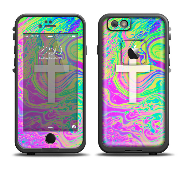 The Vector White Cross v2 over Neon Color Fushion Apple iPhone 6/6s LifeProof Fre Case Skin Set