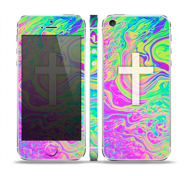 The Vector White Cross v2 over Neon Color Fushion Skin Set for the Apple iPhone 5
