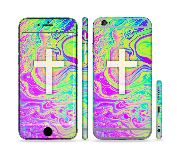 The Vector White Cross v2 over Neon Color Fushion Sectioned Skin Series for the Apple iPhone 6s Plus