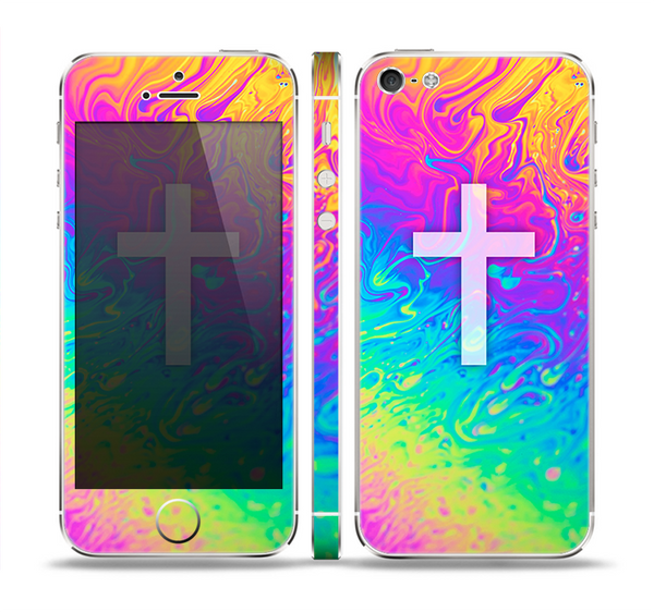 The Vector White Cross v2 over Neon Color Fushion V2 Skin Set for the Apple iPhone 5