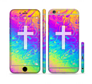 The Vector White Cross v2 over Neon Color Fushion V2 Sectioned Skin Series for the Apple iPhone 6 Plus