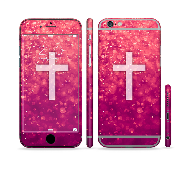 The Vector White Cross v2 over Unfocused Pink Glimmer Sectioned Skin Series for the Apple iPhone 6 Plus