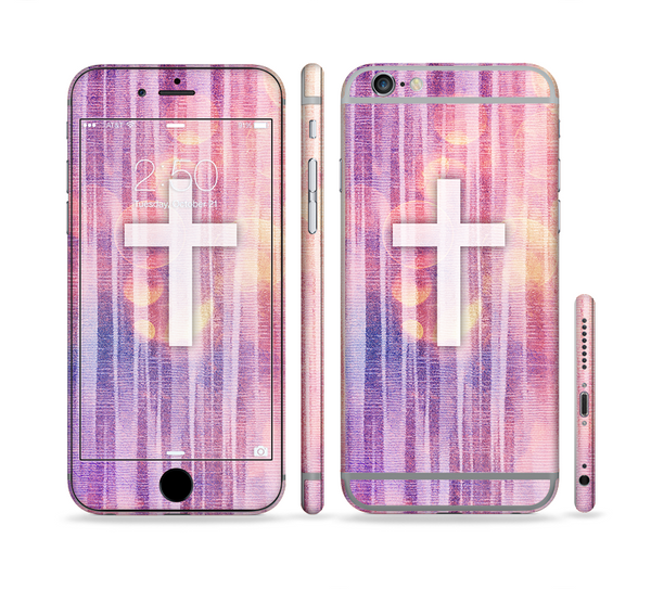 The Vector White Cross v2 over Vibrant Fading Purple Fabric Streaks Sectioned Skin Series for the Apple iPhone 6