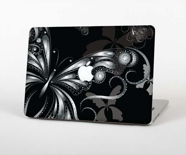 The Vibrant Black & Silver Butterfly Outline Skin Set for the Apple MacBook Pro 13" with Retina Display
