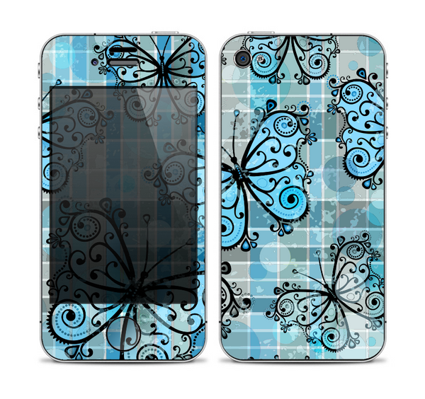 The Vibrant Blue Butterfly Plaid Skin for the Apple iPhone 4-4s