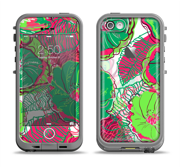 The Vibrant Green & Coral Floral Sketched Apple iPhone 5c LifeProof Fre Case Skin Set