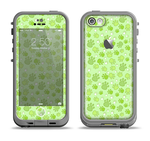 The Vibrant Green Paw Prints Apple iPhone 5c LifeProof Fre Case Skin Set