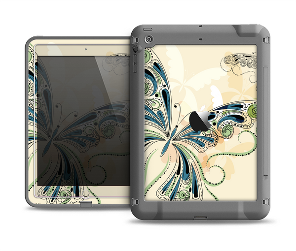 The Vibrant Tan & Blue Butterfly Outline Apple iPad Air LifeProof Fre Case Skin Set