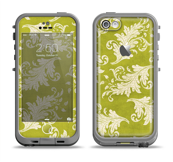 The Vintage Green & White Floral Pattern Apple iPhone 5c LifeProof Fre Case Skin Set