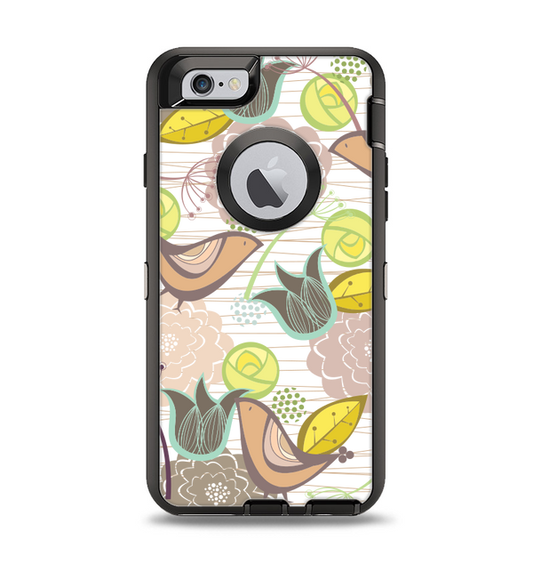 The Vintage Tan & Gold Vector Birds with Flowers Apple iPhone 6 Otterbox Defender Case Skin Set
