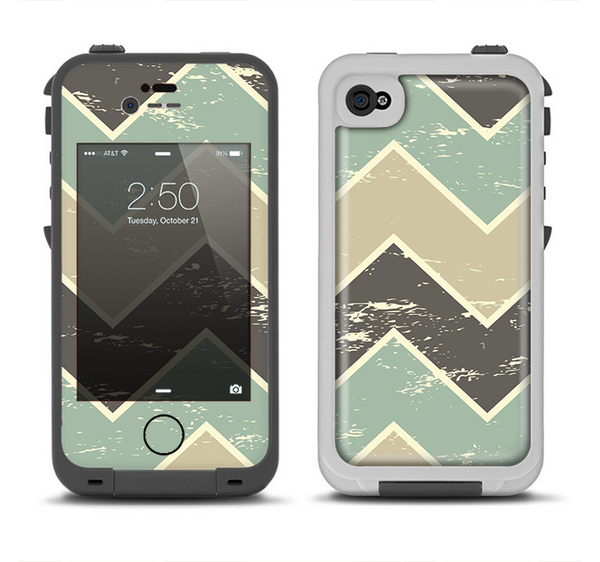 The Vintage Tan & Green Scratch Tall Chevron Apple iPhone 4-4s LifeProof Fre Case Skin Set