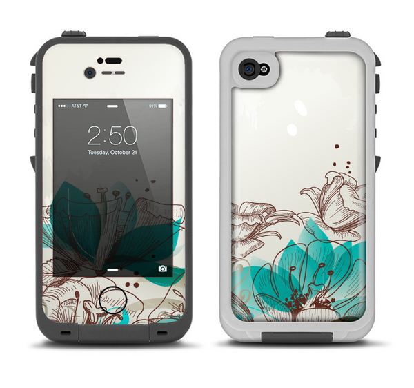 The Vintage Teal and Tan Abstract Floral Design Apple iPhone 4-4s LifeProof Fre Case Skin Set