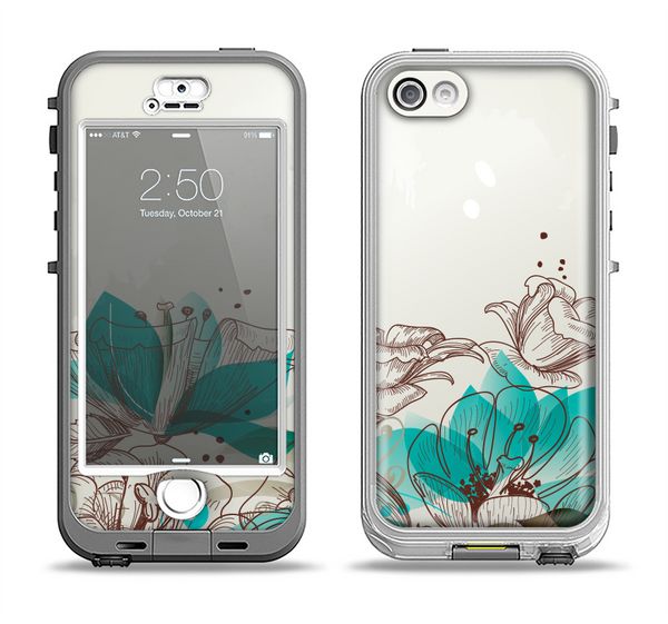 The Vintage Teal and Tan Abstract Floral Design Apple iPhone 5-5s LifeProof Nuud Case Skin Set