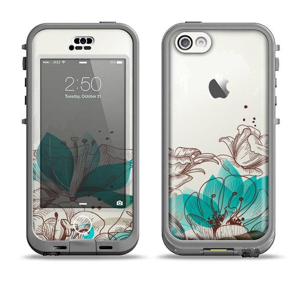 The Vintage Teal and Tan Abstract Floral Design Apple iPhone 5c LifeProof Nuud Case Skin Set